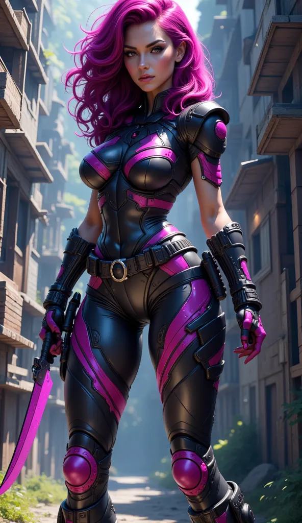 The Brazilian pirate of the future is an exotic beauty in an armored suit with bright neon patterns, a laser machete in her hands, mechanized tattoos glow with energy, behind — her futuristic favela-style ship, hiding behind a space storm.