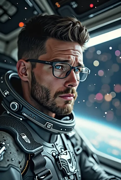 A close up profile picture of a handsome, young male astronaut with short, brown hair and piercing blue eyes, Wearing glasses and sitting confidently inside a futuristic space fighter pilot seat. His expression is determined yet serene, reflecting years of...