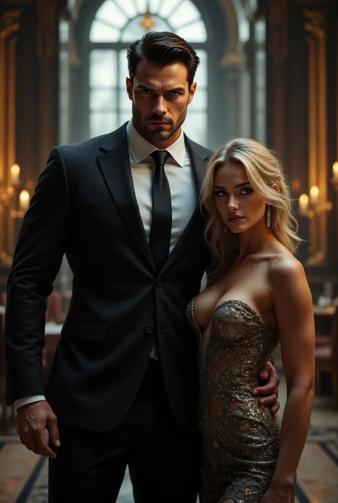 Full-length image of a stylish bossy sexy male businessman. Light skin, dark hair. Athletic figure. Arbitrary pose. Expensive classic strict suit emphasize his muscular body. A man holds on a small blonde cute girl in a pink dress. Random background. Hyper...