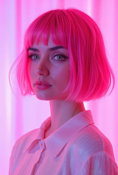 8k, masterpiece, Best Quality, Beautiful Hungarian Woman,  neon pastel colors, Bright Hot Pink Bob Hairstyle, bright blue eyes, perfect makeup,  perfect skin, Soft Pink Faceted Irregular Background,  neon color,  profile portrait ,  high end fashion ,   fu...