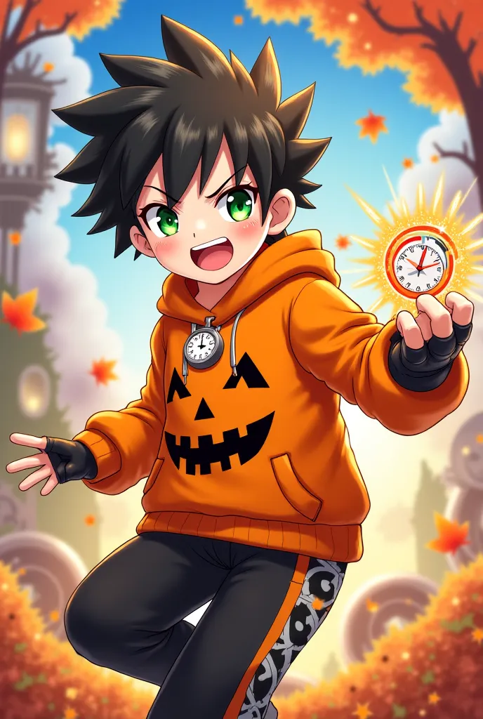 **Appearance:**
- **Hair:** Short, spiky hair in black with orange highlights, reflecting the pumpkin theme.
- **Eyes:** Bright green eyes that sparkle with mischief and curiosity.
- **Outfit:** An orange hoodie with a playful pumpkin face on the front, pa...