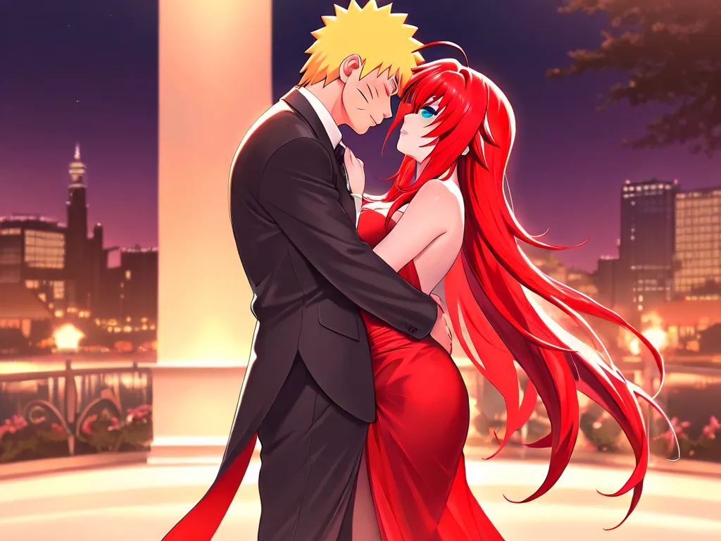 absurd resolution)), masterpiece, best quality, (Extremely detailed 8k unity CG wallpaper), (best illustration), (best shade), high resolution image, masterpiece, best quality , amazing quality, Naruto Uzumaki , Rias Gremory , elegant ceremony  ,  Naruto w...