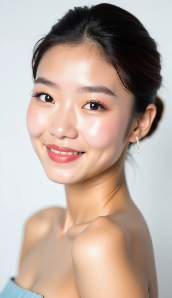 A 22-year-old Thai woman with flawless, radiant skin and a beautifully contoured face. She has a slender, well-defined jawline and is wearing elegant makeup that enhances her natural beauty. Her eyes are expressive, with subtle eyeshadow and perfectly shap...