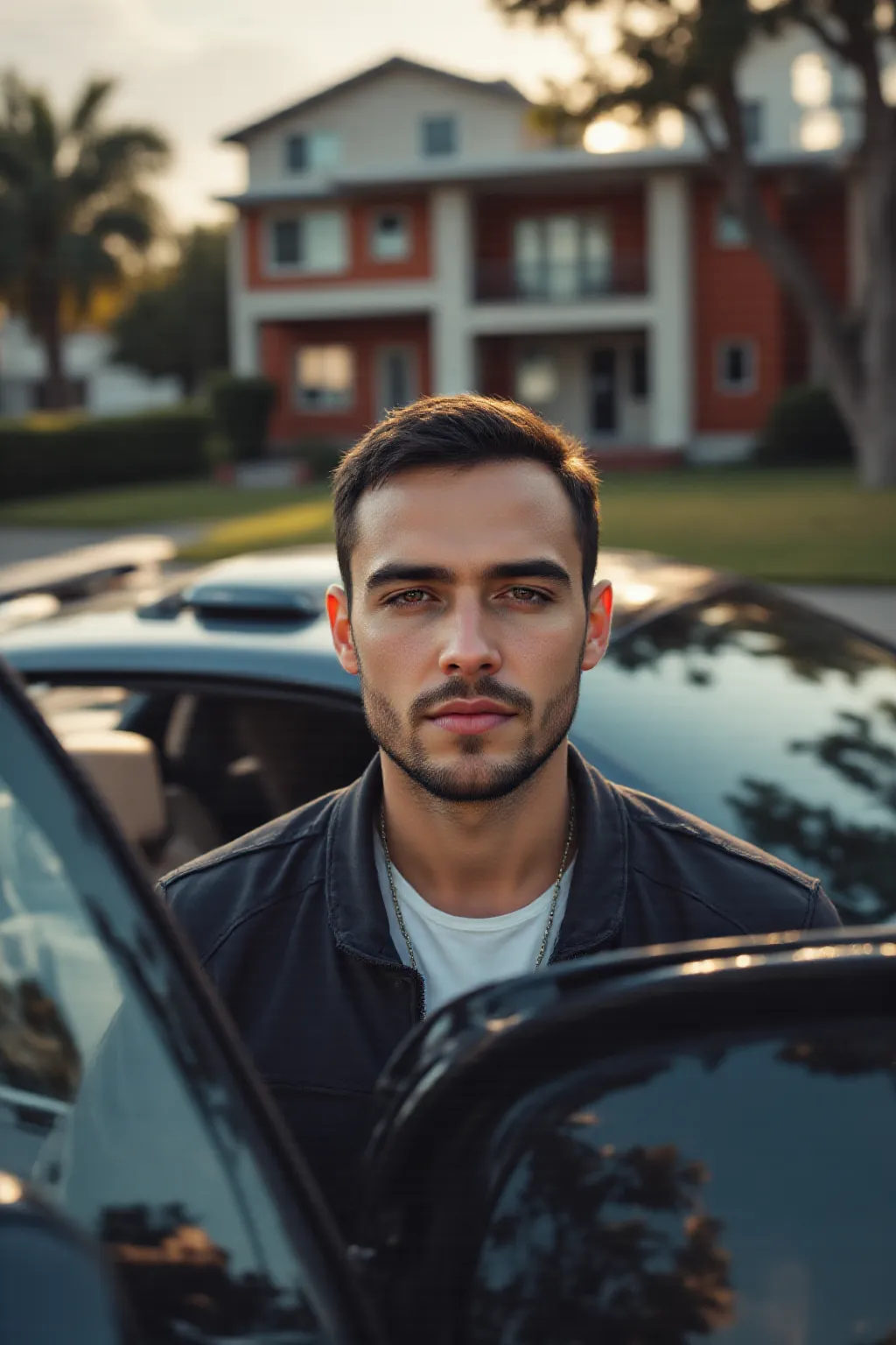 A portrait of realistic photo full-body shot , a handsome guy standing confidently beside his super car , putting his hands on his pockets, he is wearing a black lethear jacket on a white basic t-shirt and a black sweat pants