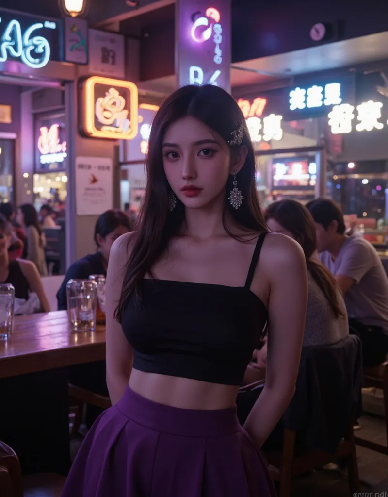 Nights,( parties:1.3), (neon lights:1.4),( lively:1.3), glowing earrings, realistic, pub,
1girl, solo, looking at viewer, realistic, midriff, bare shoulders, standting, hair ornament, black hair, jewelry, brown hair, parted lips, skirt, purple skirt, cowbo...