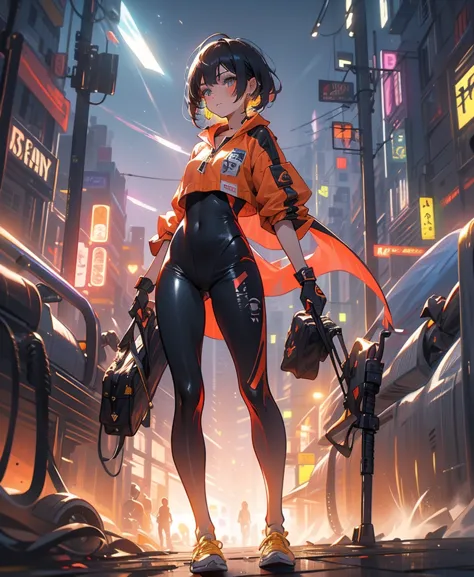 Best Quality，masterpiece，Ultimate resolution，Fluffy，Extremely colorful，colorful，Female Fighter，A natural woman ，detailed face、earrings、black super short hair， gun，Enamel-like shiny close-contact combat suit， tights suit ，Steel City Background，Night of ，dyn...