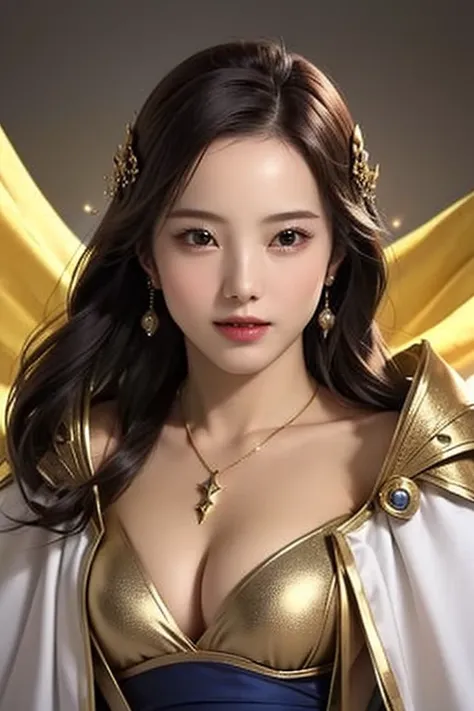 ((Close up of a woman wearing golden armor and a cloak up to the waist:1.2)), 1 person, shortcuts ,20 years old,((( real face))),Small breasts and cleavage,(((reveal their cleavage))),Scary face, highly detailed face and skin textures,staring at camera,   ...