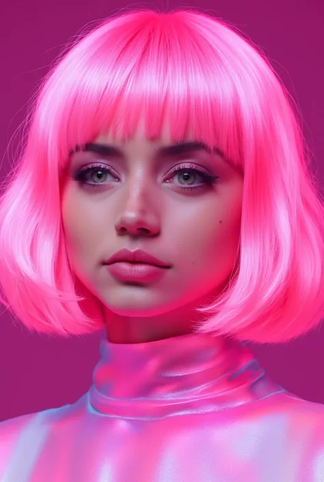 8k, masterpiece, Best Quality, Beautiful Hungarian Woman,  neon pastel colors, Bright Hot Pink Bob Hairstyle, bright blue eyes, perfect makeup,  perfect skin, Soft Pink Faceted Irregular Background,  neon color,  profile portrait ,  high end fashion ,   fu...