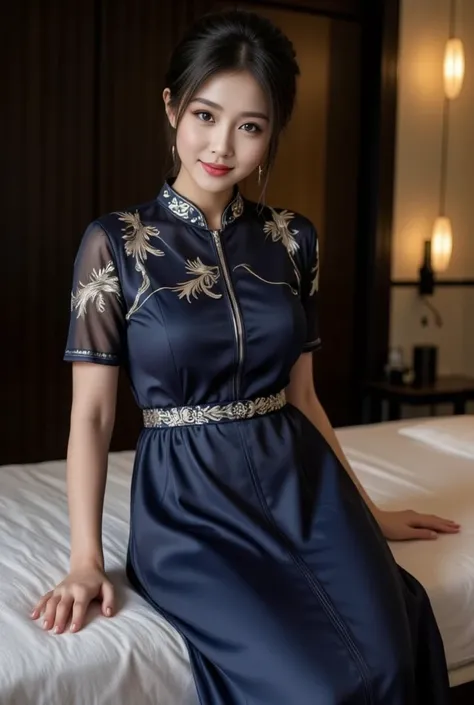 nuadthai, thai massage dress, deep navy blue with silver accents, detailed traditional attire, therapist massaging in a luxurious city spa, modern architecture meets traditional elegance, warm indoor lighting emphasizing the intricate details of the dress