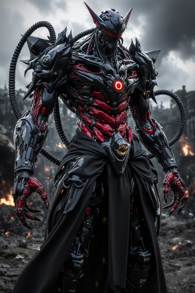  Best Quality, textured skin, fine details,  muscular,full body mechanical armor with evil jet black and crimson tubes,earrings,Intimidating,Full Face Iron Mask Imitating Goblins,anime,Abnormal Collars,,pointed ears,`Light-emitting machine gun,Battlefield ...