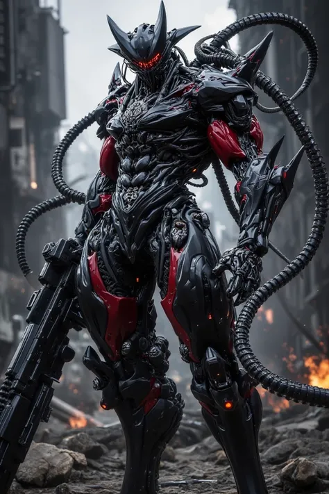  Best Quality, textured skin, fine details,  muscular,full body mechanical armor with evil jet black and crimson tubes,earrings,Intimidating,Full Face Iron Mask Imitating Goblins,anime,Abnormal Collars,,pointed ears,`Light-emitting machine gun,Battlefield ...