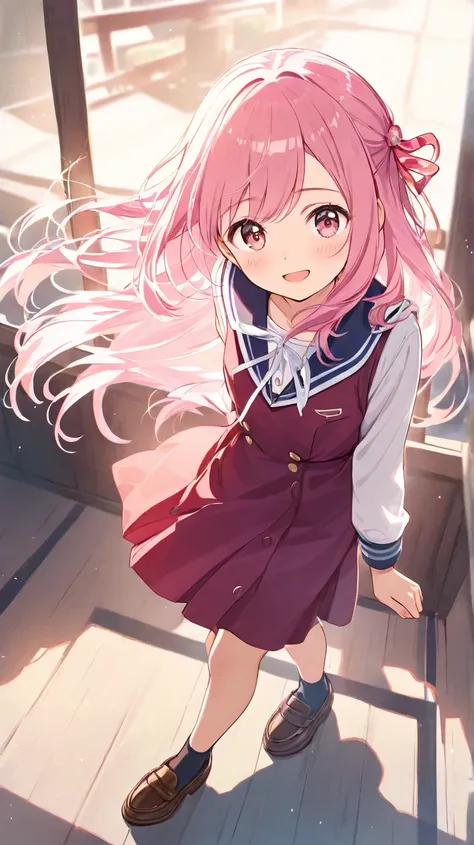 One girl.
Full body standing.
Simple background.
Pink hair.
School uniform.
Brown loafers.