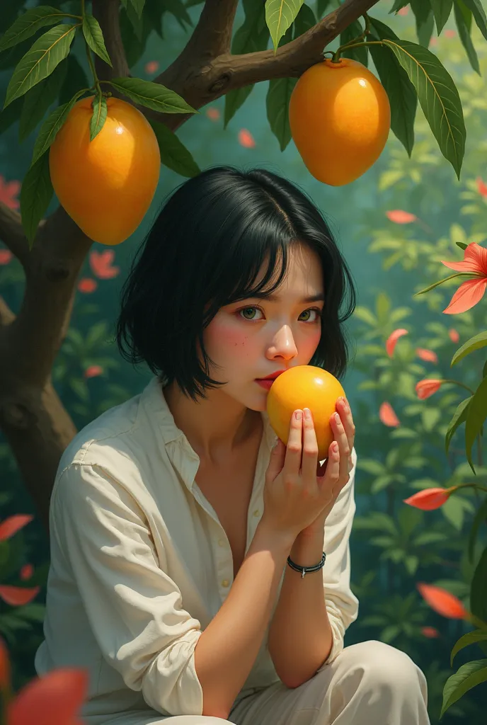 Create a flowery garden, A mango tree, a 50-year-old woman, sitting eating mango, Image of the young woman with short hair, green eyes, Sad looking sick