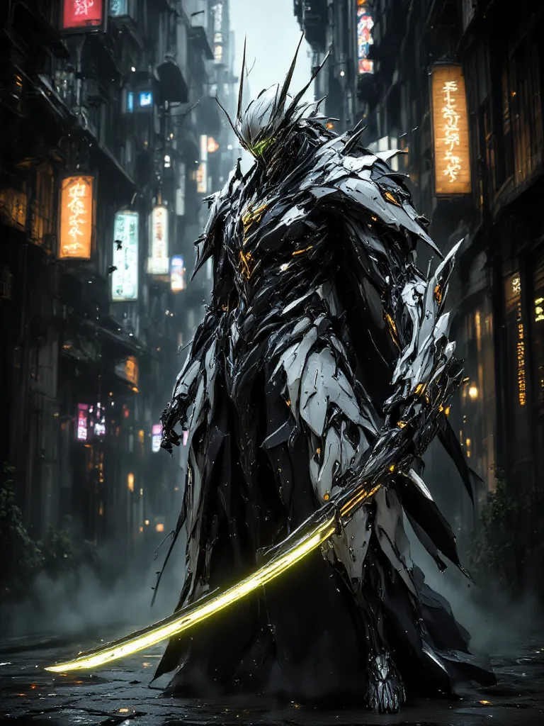 "A futuristic cybernetic samurai mecha standing in a misty neon-lit alley. The mecha has an elegant yet deadly design, with white and black armor accented with glowing orange and green details. It holds a massive high-tech katana with a glowing energy blad...