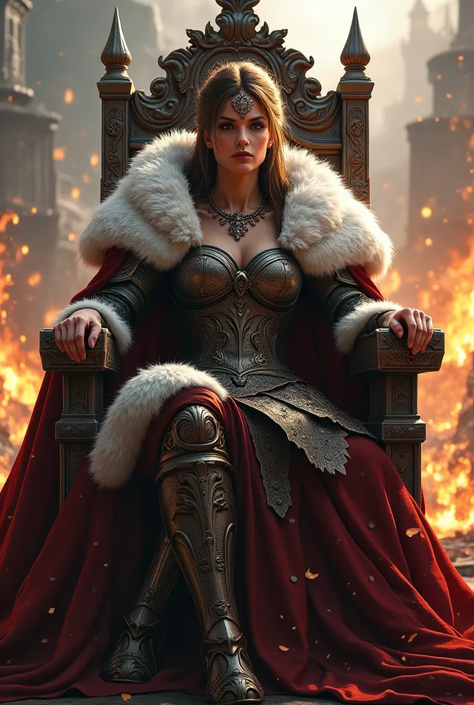 close up close seated on a giant throne atop a castle queen in a fur coat sexy woman in armor, Medieval army invaded in water and fire in the middle of an army giving orders to attack
