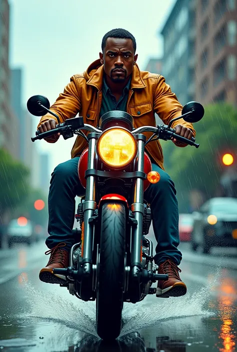 A comic style image of a black man on a motorcycle looking a bit worried while it drizzles in the afternoon 