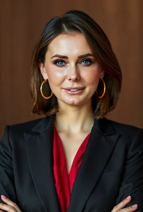 A photo-realistic portrait with 100% realism and no extra elements, featuring a woman in a business style with a luxurious studio setting, showcasing the exact same face with 100% correspondence to the reference photo including chin, ears, eyes, and face s...