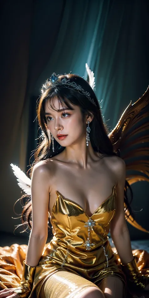 nude ,not wearing clothes, portrait ,realistic portraits. Of a girl as elegant as an angel, , straight face , pearl, and a raised floral pattern that reflected warm light,  golden light . ทรงผมที่สง่างามของเธอประดับด้วยเครื่องประดับผมทองคำและpearlที่ประณีต...