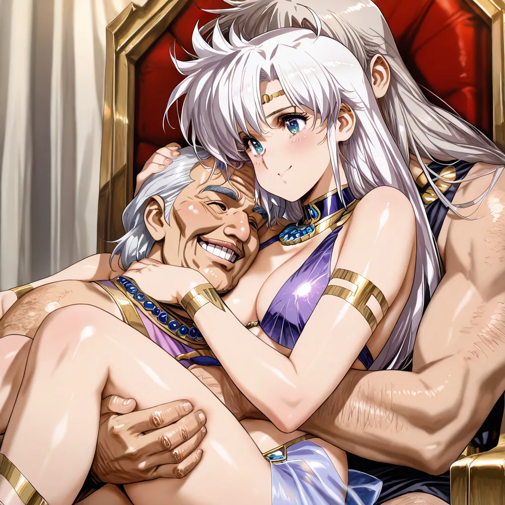 ((Best Quality)), ((masterpiece)), (Details), （perfect face）、Silver-haired Lemnea, who has excellent proportions, smiles gently, is dressed in a see-through harem costume with gorgeous jewelry accessories, and is sincerely happily pampered by a strong, ugl...