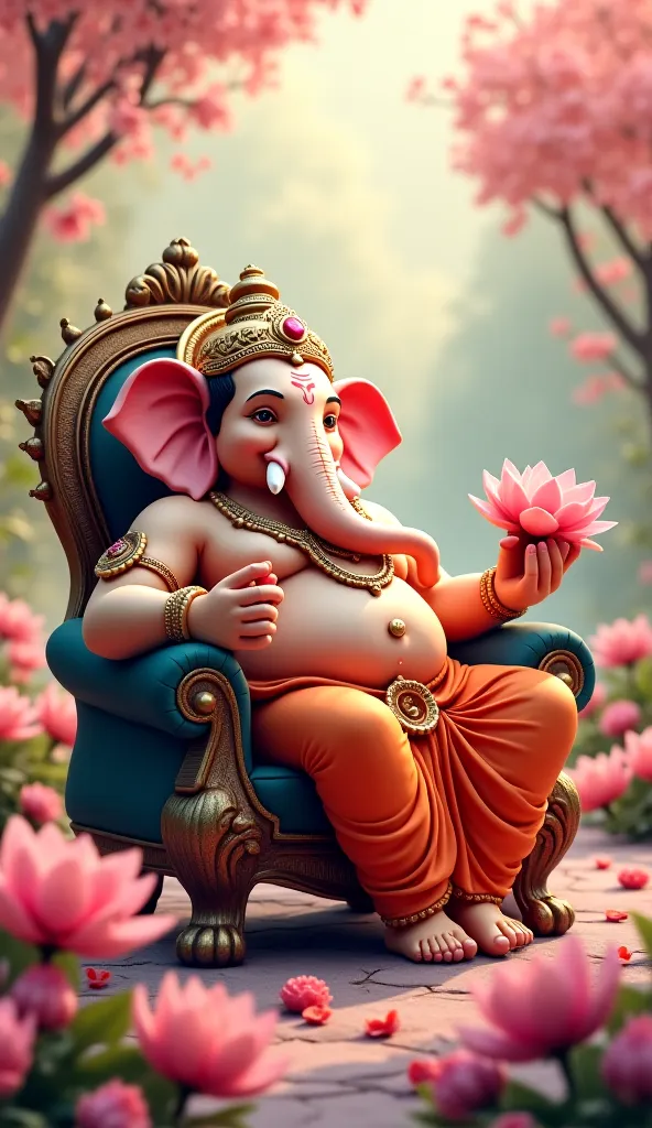 Ganesha in a happy pose or Reclining Ganesh It is a pose where Lord Ganesha is resting happily on a throne. He holds a broken tusk and a lotus flower in the background of a pink flower garden.