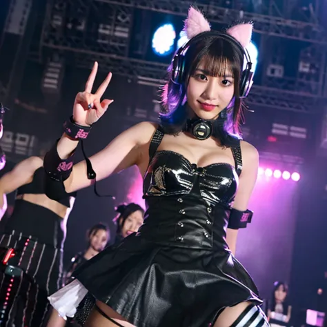 japanese woman,  dj, with headphone, in the club,  kawaii, ((very short cut:1.2)), crowds around, cyber punk, gothic lolita,  ((DJ, dancing, on the stage:1.3))