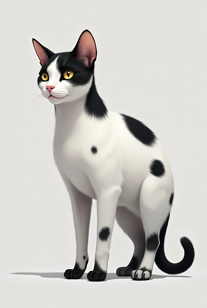 Cat The predominant coat color is white.
 * spots: The cat has black spots of varying size and shape, distributed throughout the body.
   * back: A large black spot covers most of the cat's back.
   * tail: The tail is predominantly black, with some white ...