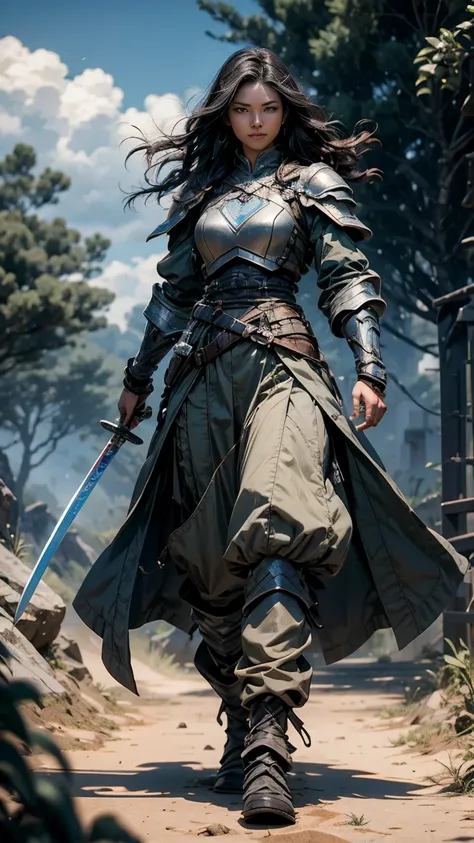 Aiko stands on a dirt path, facing a tall armored soldier who smirks down at her. He underestimates her. Her stance is low, her sword slightly drawn. The wind blows through her hair. Tension fills the air—she is ready to strike."