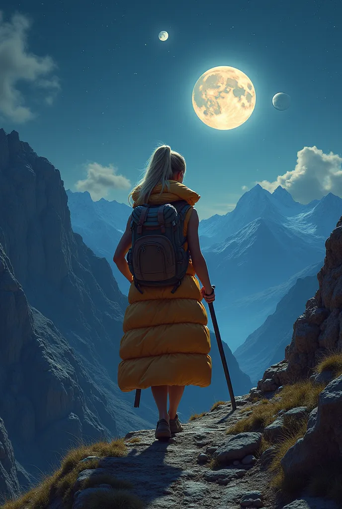 a blonde 25-year-old woman with a ponytail and a friendly face, dressed only in a floor-length, thick, quilted, shiny down vest that is wide open, walks up a steep mountain path on an alien planet, two moons rise behind the mountains, it is night and you c...