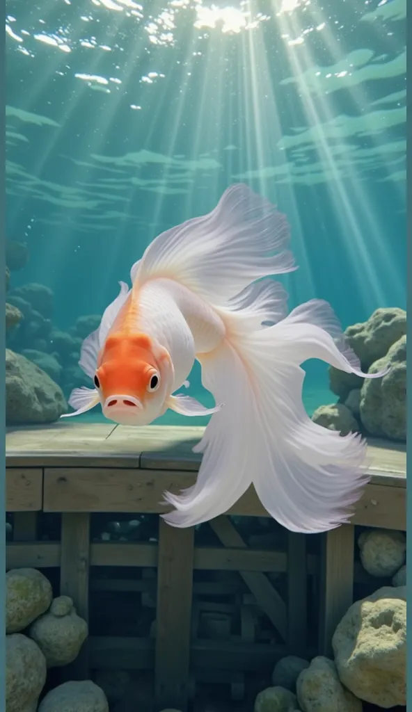 The image features a goldfish with a bright orange and white coloration. It has flowing, delicate fins and a tail that give it an elegant appearance as it swims. The setting is an underwater scene with sunlight filtering down through the water, creating a ...