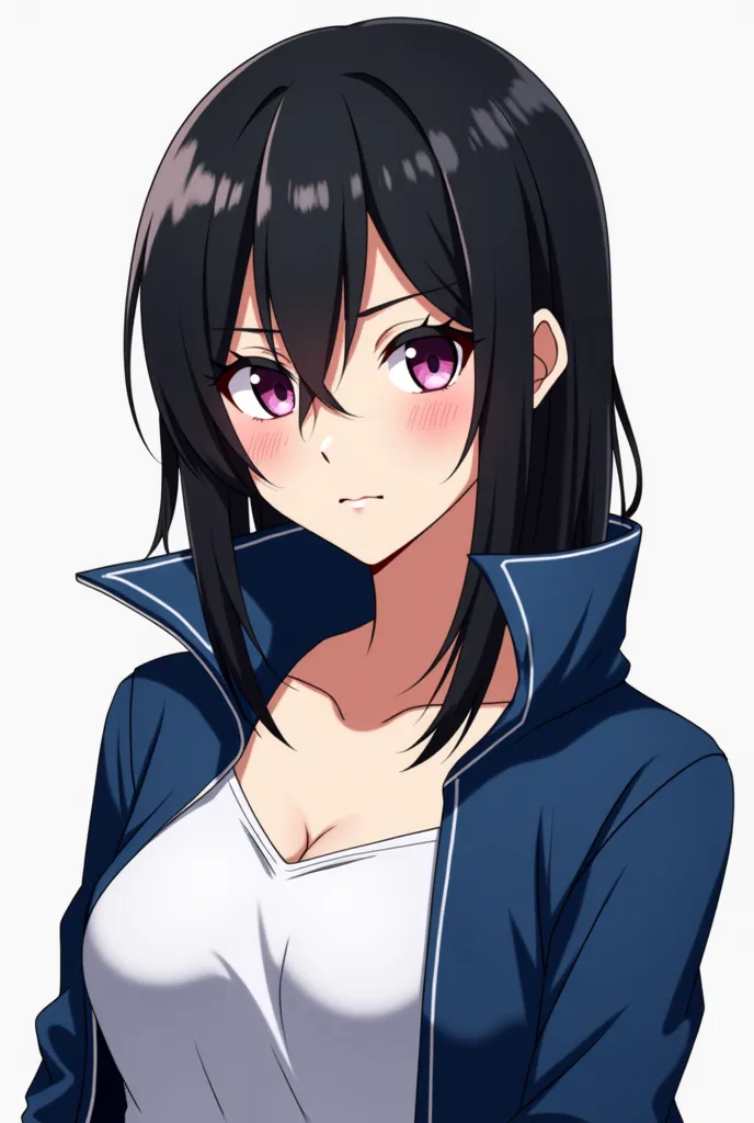 anime girl with black hair and a blue jacket with a white top, an anime drawing inspired by Okumura Masanobu, tumblr, vanitas, gapmoe yandere, trigger anime artstyle, gapmoe yandere grimdark, anime style character, 2 d anime style, portrait gapmoe yandere ...