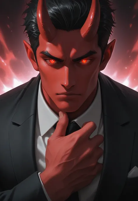 1 man with black hair, red eyes, glowing eyes, good looking and cute, wearing black suit, red oni horn, anime style, human skin color