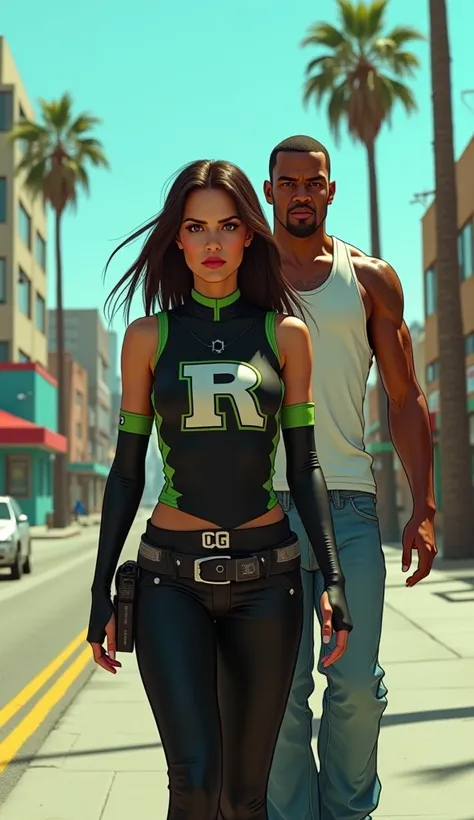 "A woman wearing a modern costume in colors black and green, inspired by the Rockstar Games logo, walks towards the camera with a confident and challenging expression. Her costume shows the Rockstar logo on her chest, highlighting her connection with the g...