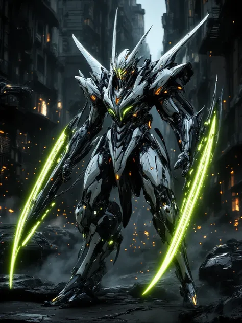 "A hyper-realistic, high-tech humanoid mecha robot standing in an urban battlefield. It has an aerodynamic white and black armored body with glowing orange and green accents. The mecha wields two massive energy blades emitting a neon green glow. Its stance...