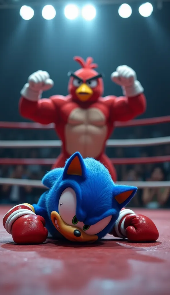 A defeated and exhausted Sonic the Hedgehog lying on the boxing ring floor, knocked out by a powerful punch from a muscular and buff Angry Bird. Sonic’s body looks bruised, his eyes half-closed, and his arms spread out as he struggles to get up. His boxing...