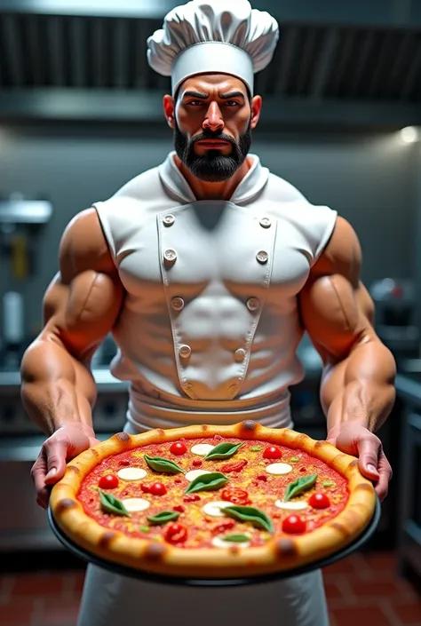 A muscular chef holding pizza