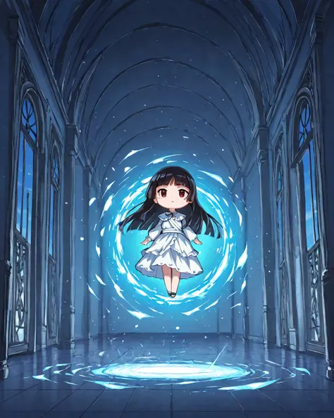  chibi,  1 girl, Alone, ruri gokou, hime cut, long hair, mole,  black hair, cut, white dress
 BREAK
(Portal), Sky, beautiful woman,  Long Hair Dances in the Wind , Blue light,  Fantastic,  floating in the room , Floating,  Magical Rim, gentle expression, M...