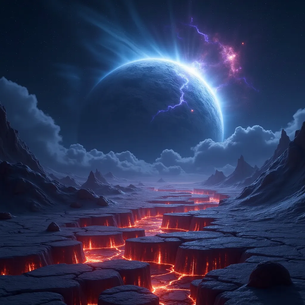 An ultra-detailed cinematic depiction of Planet X, a mysterious and massive rogue planet drifting through the darkness of space. The planet's surface is a mix of icy terrain and deep, crimson cracks glowing with geothermal activity. A thick, swirling atmos...