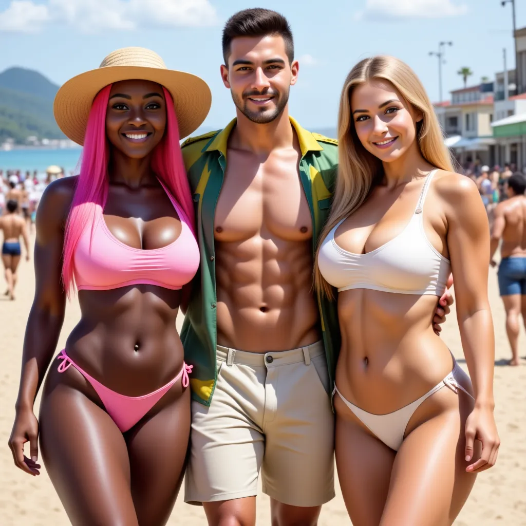 Two women and a man on the shore of Copacabana beach. The first woman is black with long pink hair, has a perfect body, thick legs and is wearing a pink beach outfit and a beige beach hat. The second woman is white with long blond hair, has a perfect body,...