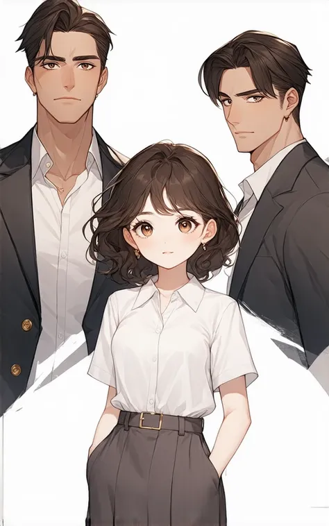 Korean webtoon style poster with 2 main characters. จัดรูปIn the middle  ชายหนุ่มที่มีสีหน้าเคร่งเครียดพร้อมผมสั้น, , neatly trimmed brown hair, This is a very handsome Korean mafia., , solemn face color that indicates his commitment. In the middle , there...