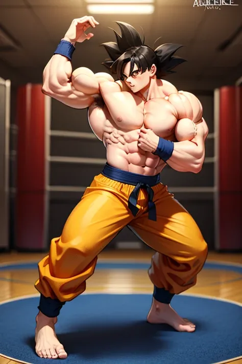 ( A detailed drawing of goku , Gymnastik room fighting .), With a naked torso, black trunk Tanga , huge muscular body, shredderd Body, big Bizeps, big shoulders, Muscle legs,abs, Barefoot,auf einer Matte in der  Turnhalle, high step, Full body image, side ...