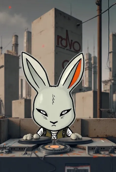 Take the image you select as a reference and make the rabbit look slimmer and more minimalist, but with a punck and very urban touch (Type factories and sewers, That in the background you can see a brutalist architecture in which the rabbit is a DJ at a ra...