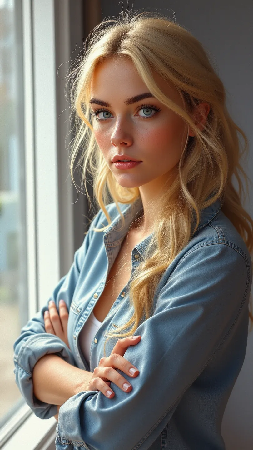 A watercolor-style illustration of a blonde woman standing by the window, watching her husband and the neighbor talking in the hallway. Her blue eyes reflect quiet suspicion, her arms crossed. The background is blurred, focusing on her intense expression.