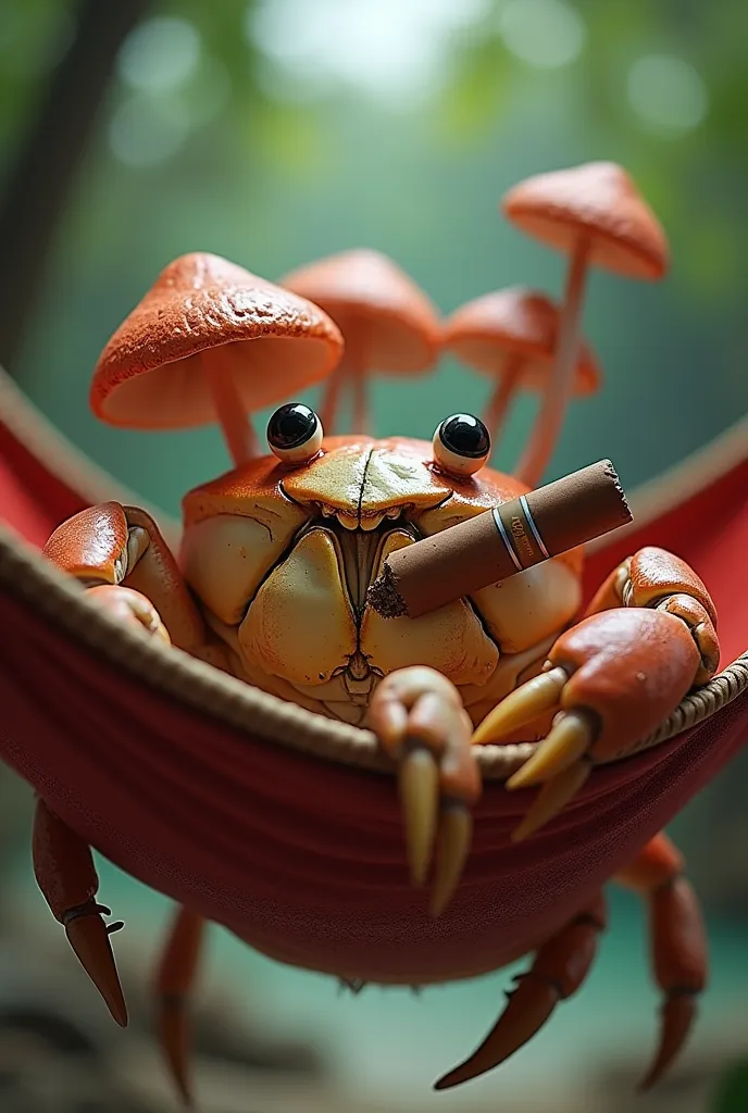 crab on a hammock in one glock claw, there's a Cuban cigar in his teeth, and mushrooms on the head