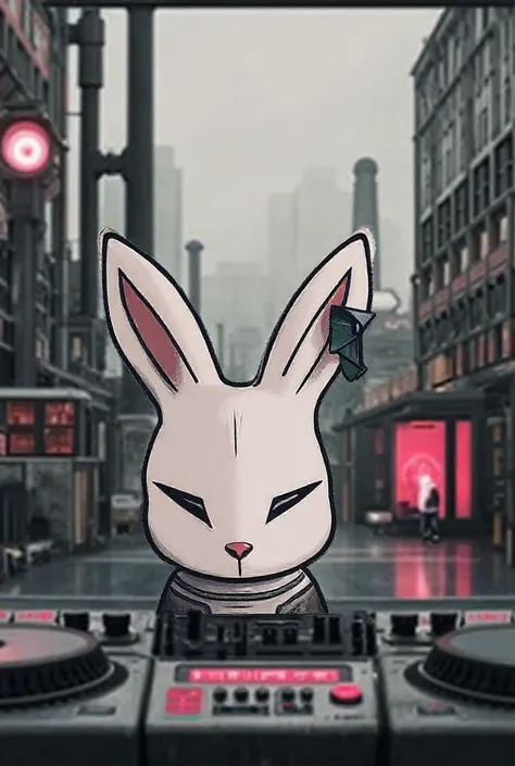 Take the image you select as a reference and make the rabbit look slimmer and more minimalist, but with a punck and very urban touch (Type factories and sewers, That in the background you can see brutalist architecture in which the rabbit is a DJ in a Berl...