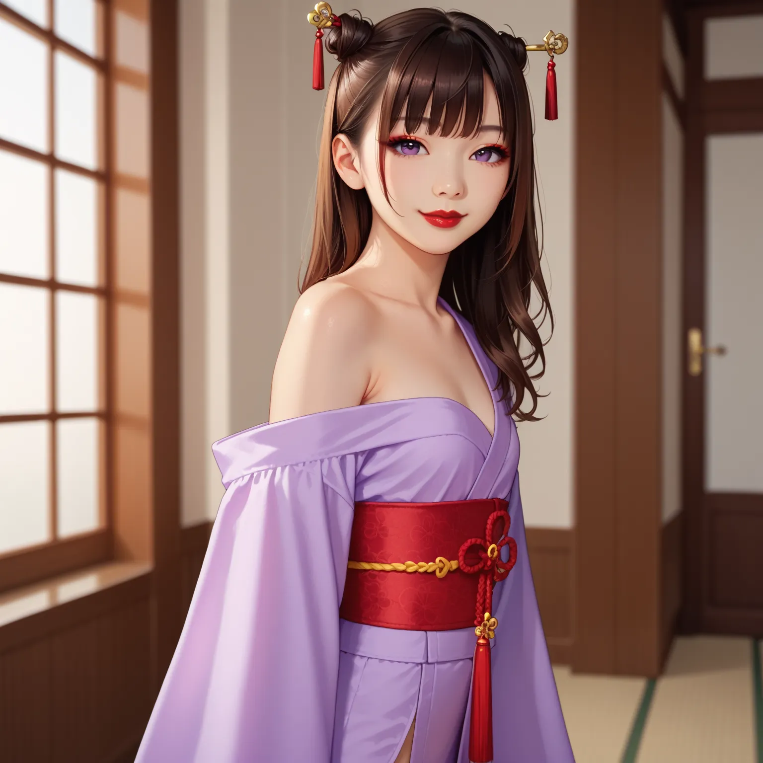 sexy asian woman, (asian face),smile, red eye shadow, pale skin, hair sticks, one bare shoulder, skinny, closeup shot, small breasts, slim body, red lips, dark brown hair, bangs on the face, big purple eyes,(short kimano:1.3), (purple kimano:1.2),wide slee...