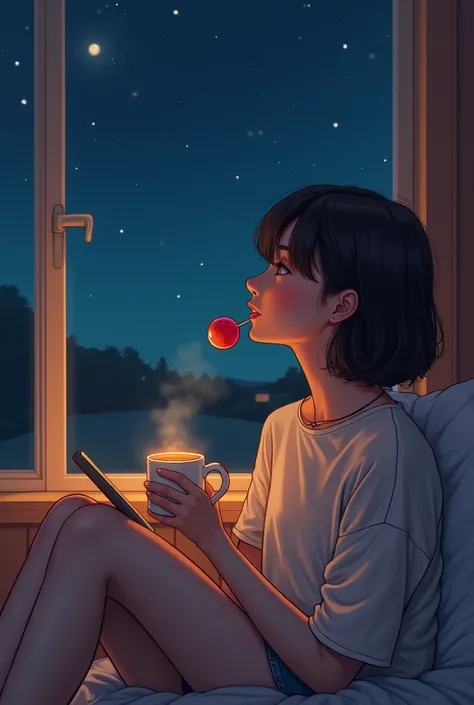 A woman sitting by the window looking at the night view in a mobile, a cup of coffee, looking cozy, warm, lollipop, happy.