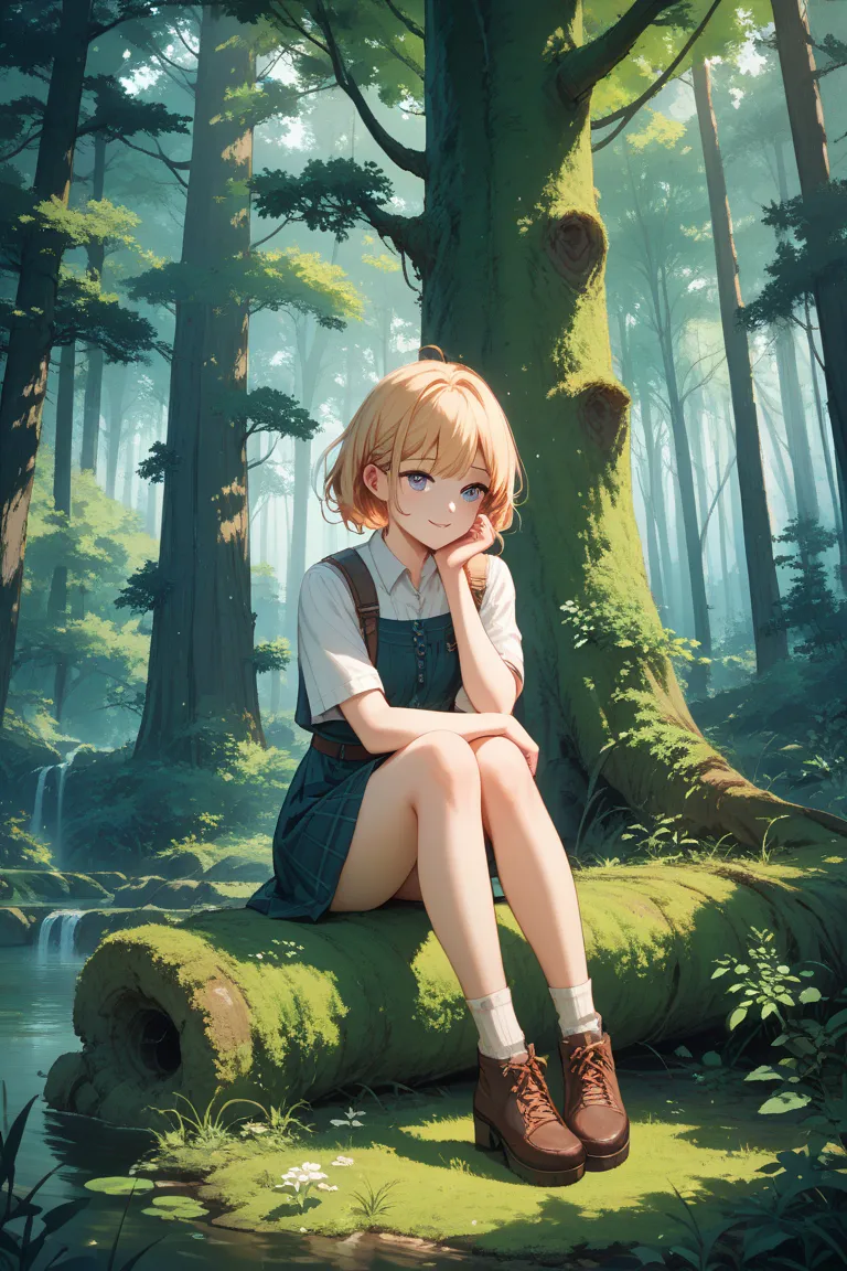  in the woods、1 girl、 mine system、Sitting on a tree trunk、