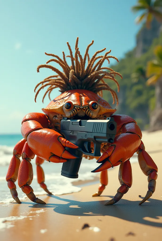 crab on the beach with a clawed glock and dreadlocks