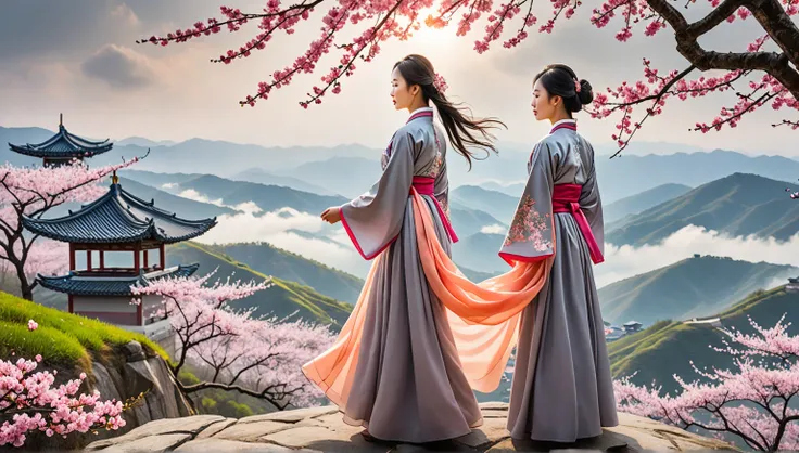 A breathtaking panoramic view of a misty, from below, ethereal Chinese landscape featuring peach blossoms falling gently to the ground, young 1girl in traditional oriental attire hanbok stands atop a hill, her figure slightly hazy and otherworldly as she g...