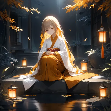 A young girl wearing a traditional Thai Buddhist monk's robe in white, accented with deep saffron or ochre stripes. The robe is wrapped authentically in the Thai Theravāda style. She has long, flowing hair that contrasts with her monk-like attire. Her expr...